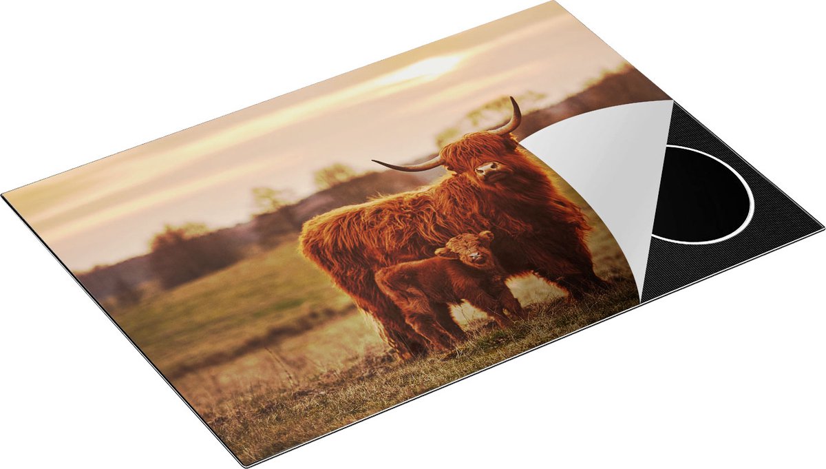 Chefcare Inductie Beschermer Schotse Hooglander Koe met haar Kalf - 75x52 cm - Afdekplaat Inductie - Kookplaat Beschermer - Inductie Mat