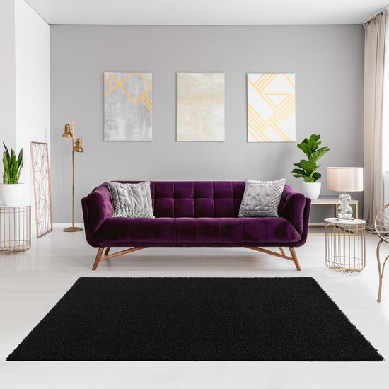 Tapis shaggy noir dans un salon avec un canapé violet, trois tableaux et un lampadaire.