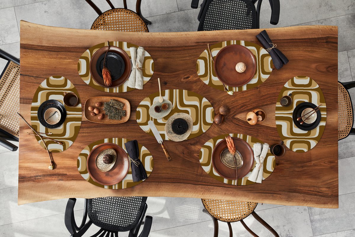 Placemats ovaal - Onderleggers - Ovale placemats - Retro - Design - Bruin - 8 stuks