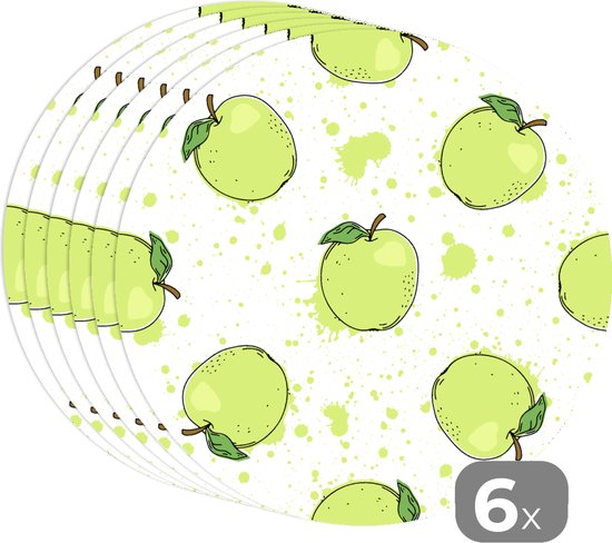 Sets de table ronds - Dessous de verre - Napperons de table ronds - Aquarelle - Pomme - Vert - Motifs - 6 pièces