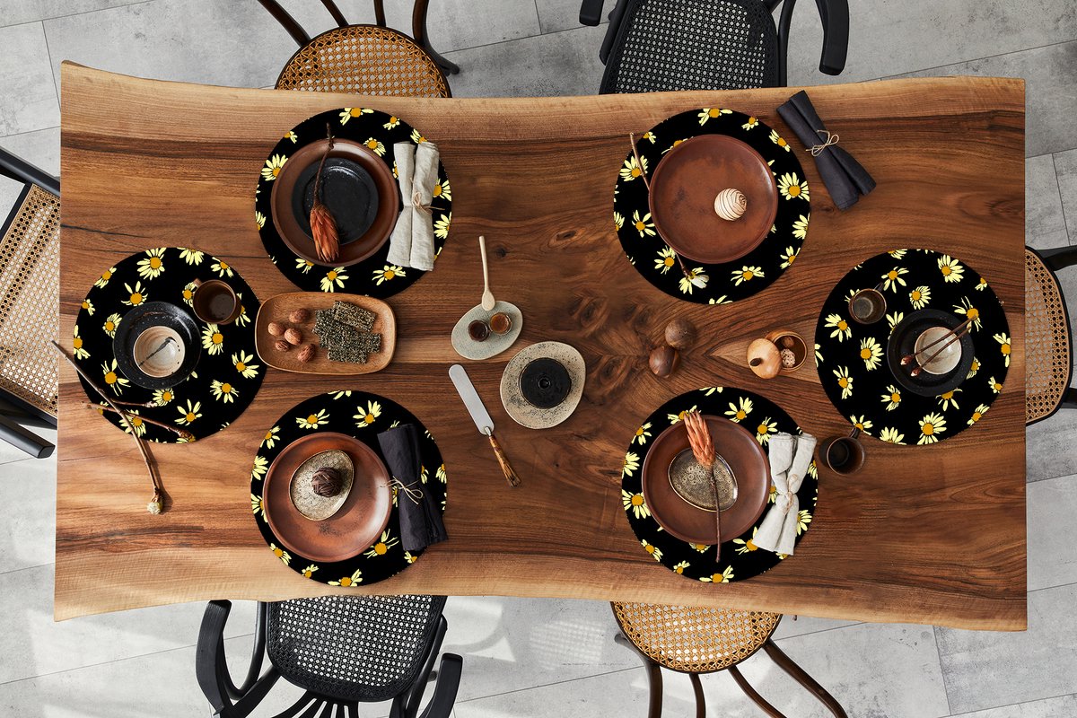 Ronde placemats - Onderlegger - Placemats rond - Madelief - Zwart - Patroon - 6 stuks
