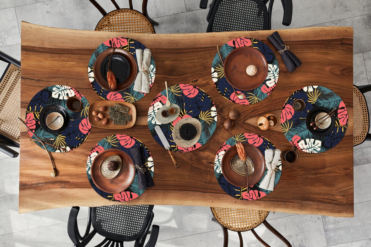 Ronde placemats - Onderlegger - Placemats rond - Flora - Goud - Patronen - Hawaii - Tropisch - 8 stuks