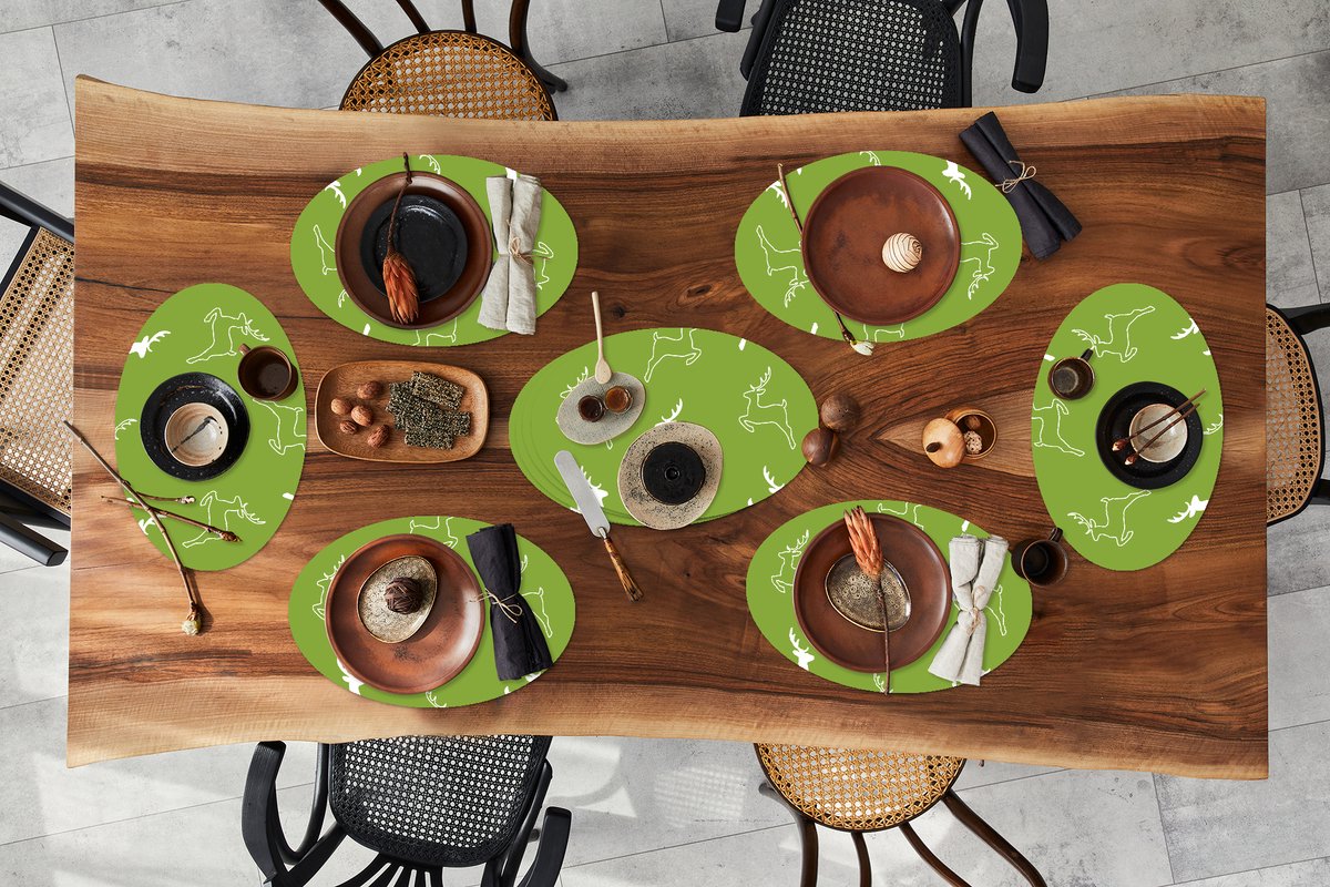Placemats ovaal - Onderleggers - Ovale placemats - Hert - Groen - Patronen - 10 stuks