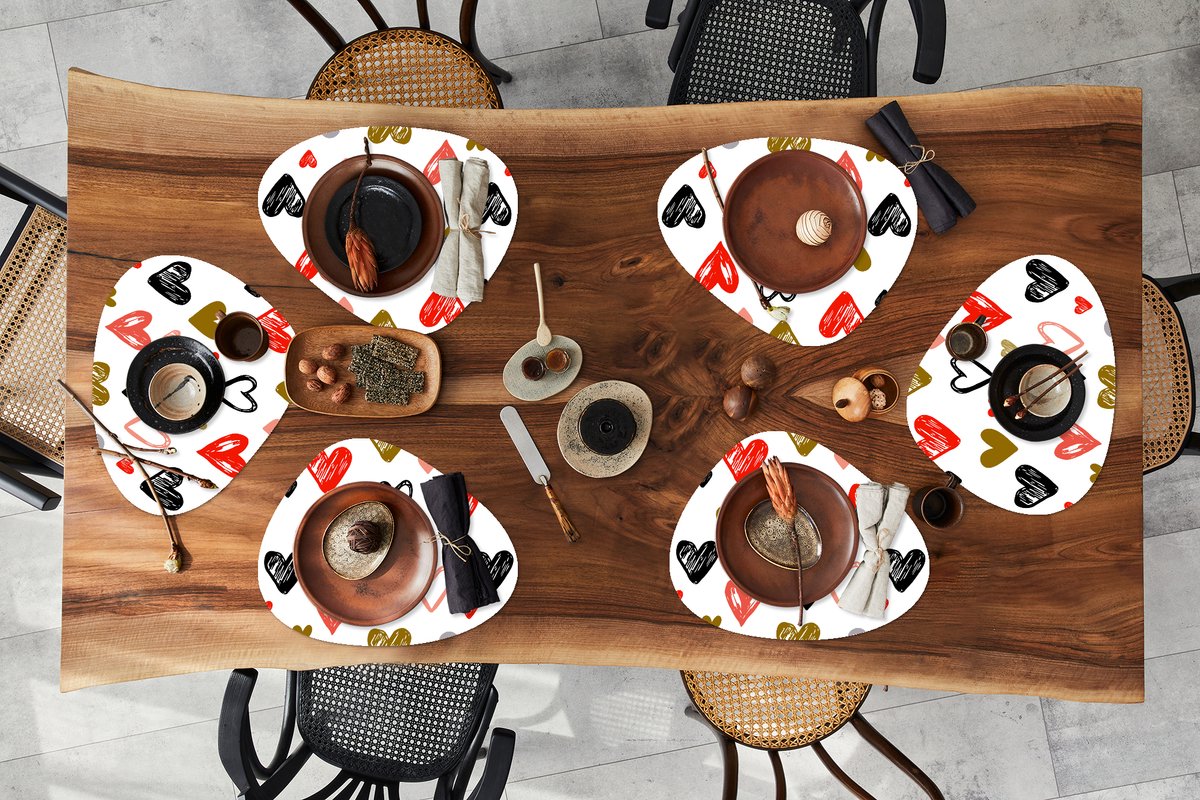Placemat organisch - Placemats organic - Onderleggers - Hart - Schets - Valentijnsdag - 6 stuks