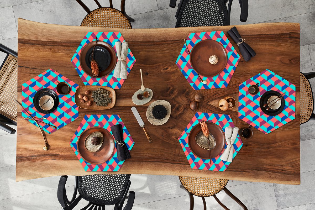 Placemats hexagon - Onderleggers placemats - Placemat zeshoek - Blokken - Patronen - 3D - 6 stuks