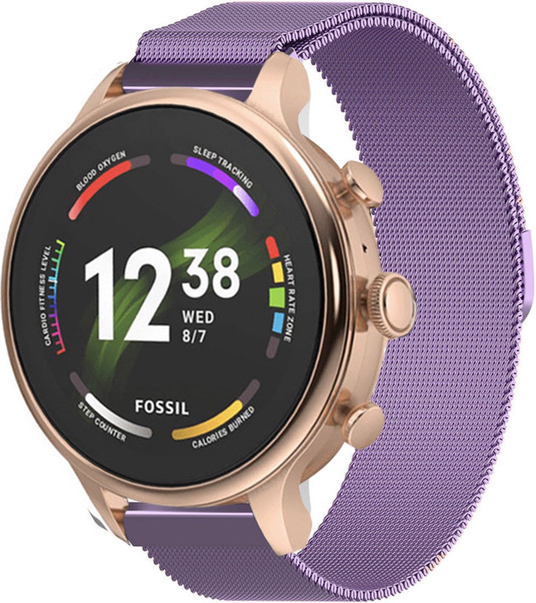 Strap-it Milanees RVS bandje - geschikt voor Fossil Gen 5e - 42mm / Gen 6 - 42mm dames modellen - Huawei Watch GT 4 / 5 - 41mm / GT 5 Pro - 42mm - Withings ScanWatch 2 - 38mm / ScanWatch Light / Steel HR - 36mm - Lichtpaars