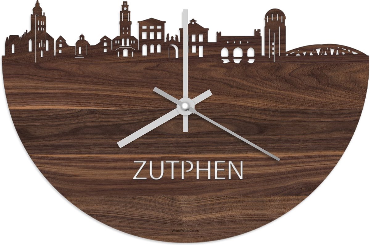 Skyline Klok Zutphen Notenhout - Ø 40 cm - Stil uurwerk - Wanddecoratie - Meer steden beschikbaar - Woonkamer idee - Woondecoratie - City Art - Steden kunst - Cadeau voor hem - Cadeau voor haar - Jubileum - Trouwerij - Housewarming - WoodWideCities