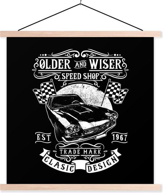 Posterhanger incl. Poster 60x60 cm - Schoolplaat - Mancave - Auto - Vlag - Retro - Textielposter - Blanke latten - Vaderdag cadeau - Geschenk - Cadeautje voor hem - Tip - Mannen
