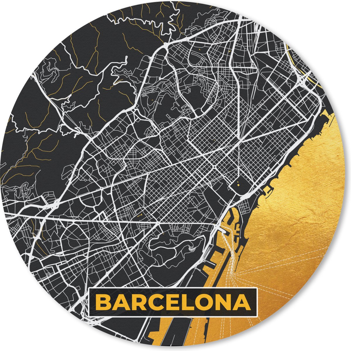 Muismat - Mousepad - Rond - Barcelona - Stadskaart - Plattegrond - Kaart - Goud - 50x50 cm - Ronde muismat