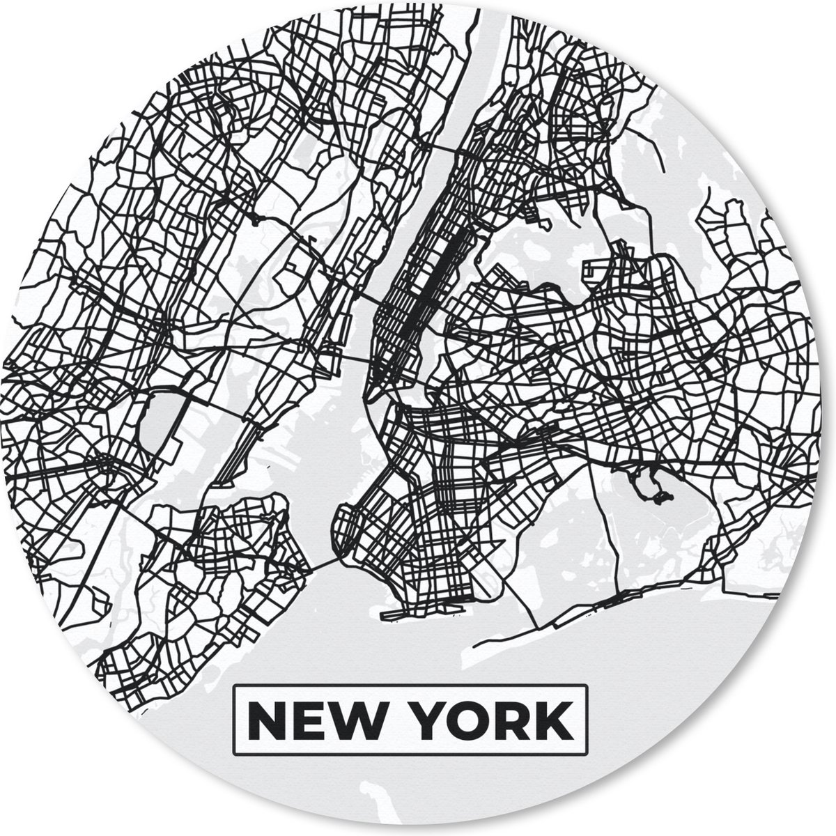 Muismat - Mousepad - Rond - Stadskaart - Plattegrond - New York - Kaart - Zwart Wit - 50x50 cm - Ronde muismat