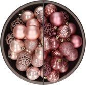 Bellatio Decorations Kerstballen mix - 74-delig - velvet roze en lichtroze - 6 cm - kunststof