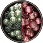 Bellatio Decorations Kerstballen mix - 74-delig - oudroze en mintgroen - 6 cm - kunststof