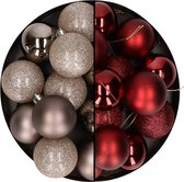24x stuks kunststof kerstballen mix van champagne en donkerrood 6 cm - Kerstversiering