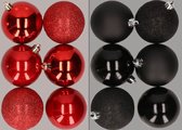 12x stuks kunststof kerstballen mix van rood en zwart 8 cm - Kerstversiering