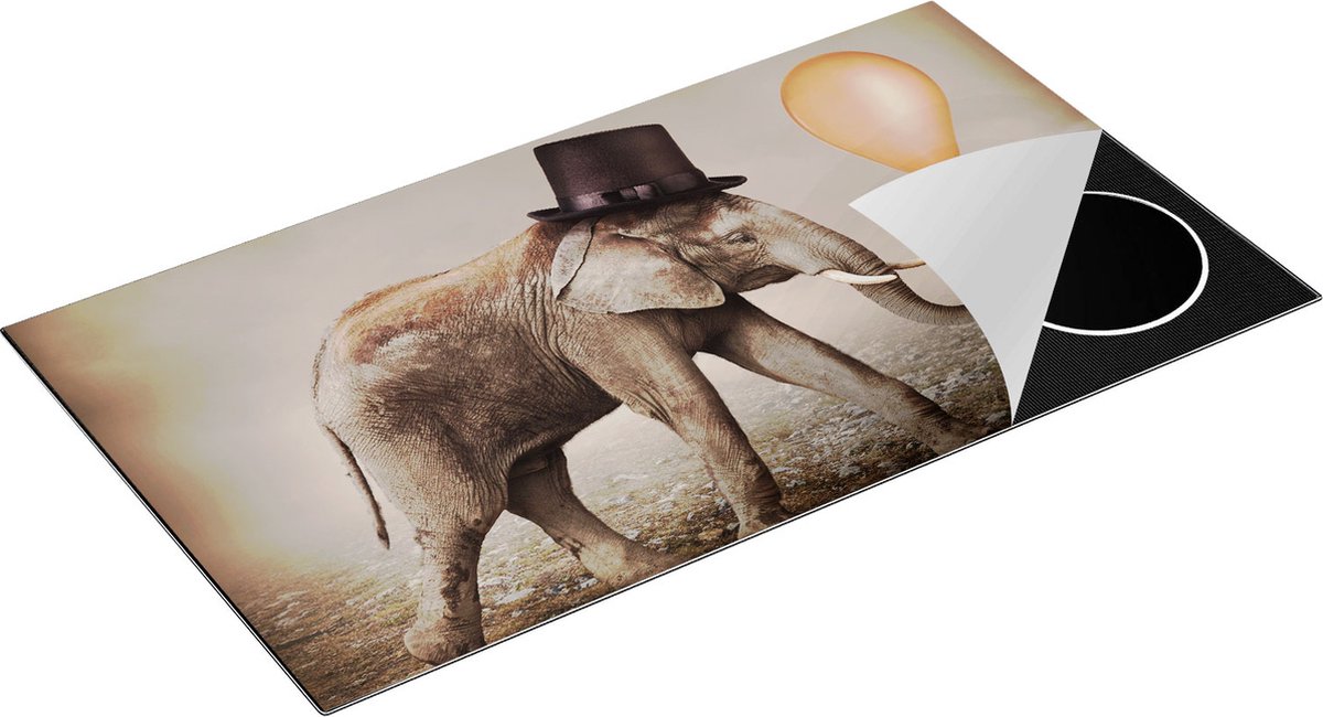 Chefcare Inductie Beschermer Olifant met een Oranje Ballon - Hoedje - 95x55 cm - Afdekplaat Inductie - Kookplaat Beschermer - Inductie Mat