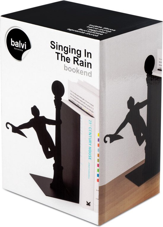 Balvi 'Singing In The Rain' boekensteun verpakking met illustratie van man en lantaarnpaal.
