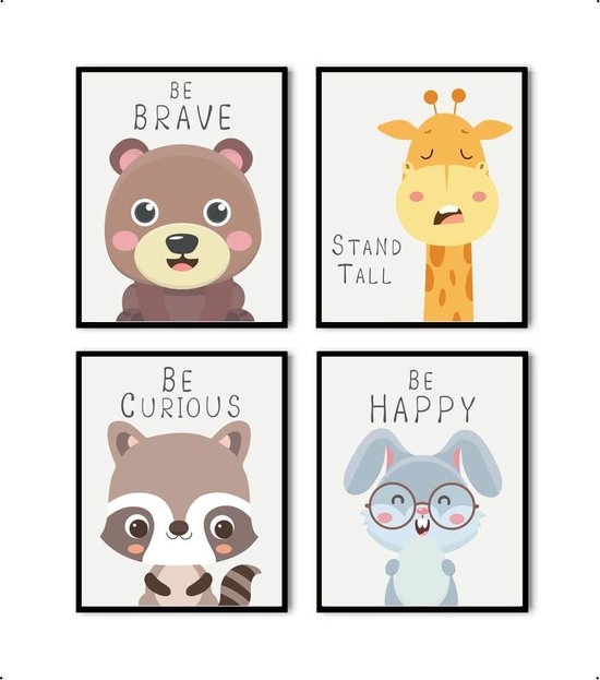 Poster Set 4 Dieren beer wasbeer konijn giraf met blije tekst - Dieren motivatie / Dieren / Dieren Poster / Babykamer - Kinderposter 80x60cm