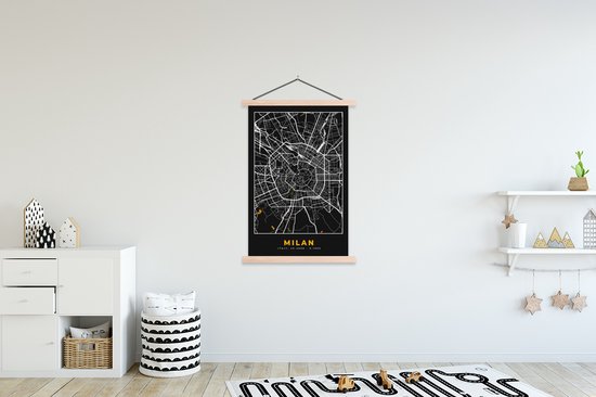 Porte-affiche avec affiche - Affiche scolaire - Carte - Milan - Carte - Or - Plan de la ville - 120x180 cm - Lattes vierges