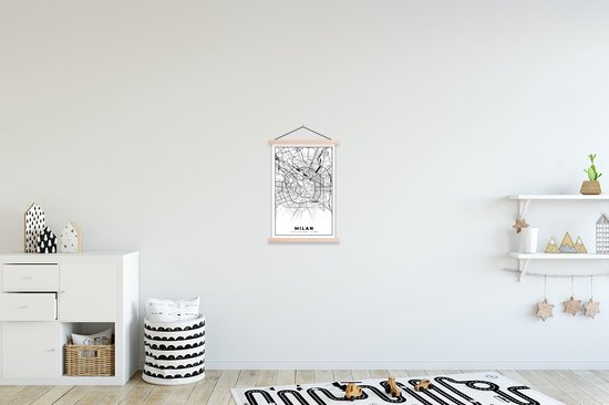 Porte-affiche avec affiche - Affiche scolaire - Milan - Plan de la ville - Zwart Wit - Plan d'étage - Carte - 40x60 cm - Lattes vierges