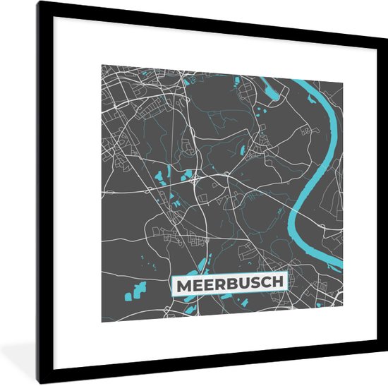 Fotolijst incl. Poster - Meerbusch – Stadskaart – Blauw – Plattegrond – Stadskaart – Kaart - Duitsland - 40x40 cm - Posterlijst