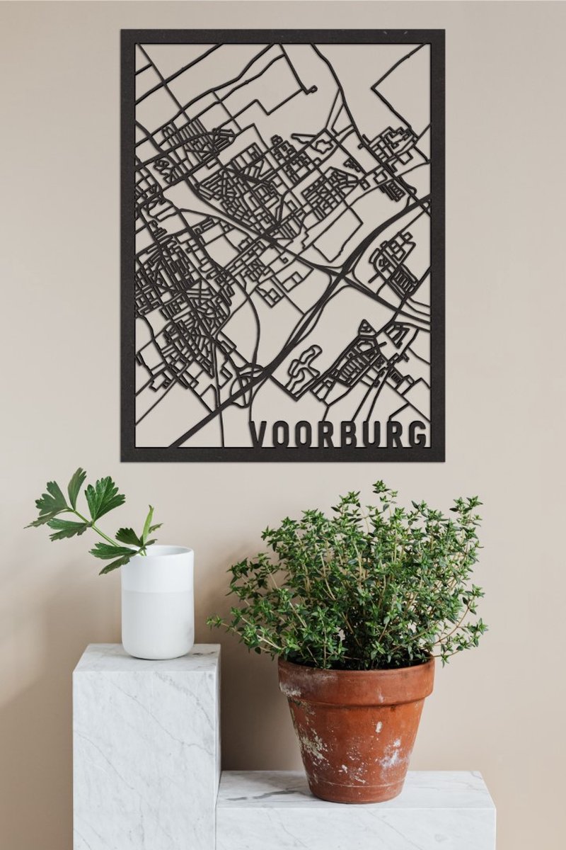 Houten Stadskaart Voorburg Zwart Mdf 50x70cm Wanddecoratie Voor Aan De Muur City Shapes