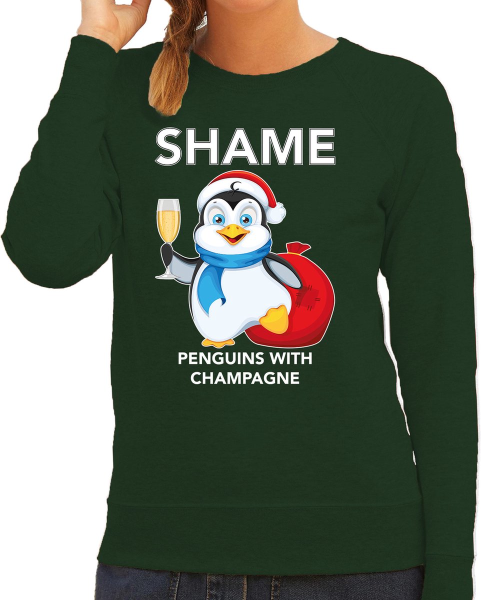 Afbeelding van product Bellatio Decorations  Pinguin Kerstsweater / kersttrui Shame penguins with champagne groen voor dames - Kerstkleding / Christmas outfit S  - maat S