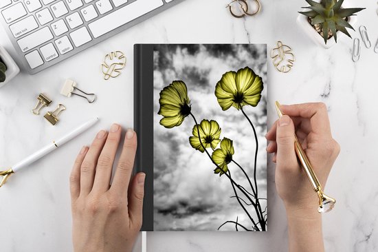 Carnet - Carnet d'écriture - Fleurs - Zwart - Wit - Jaune - Carnet - Format A5 - Bloc-notes