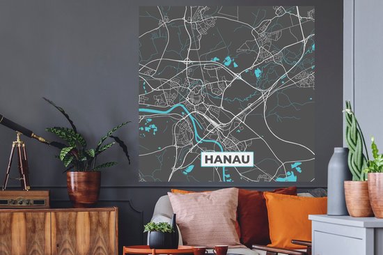 Muurstickers - Sticker Folie - Blauw – Duitsland – Plattegrond – Stadskaart – Kaart – Hanau - 120x120 cm - Plakfolie - Muurstickers Kinderkamer - Zelfklevend Behang XXL - Zelfklevend behangpapier - Stickerfolie