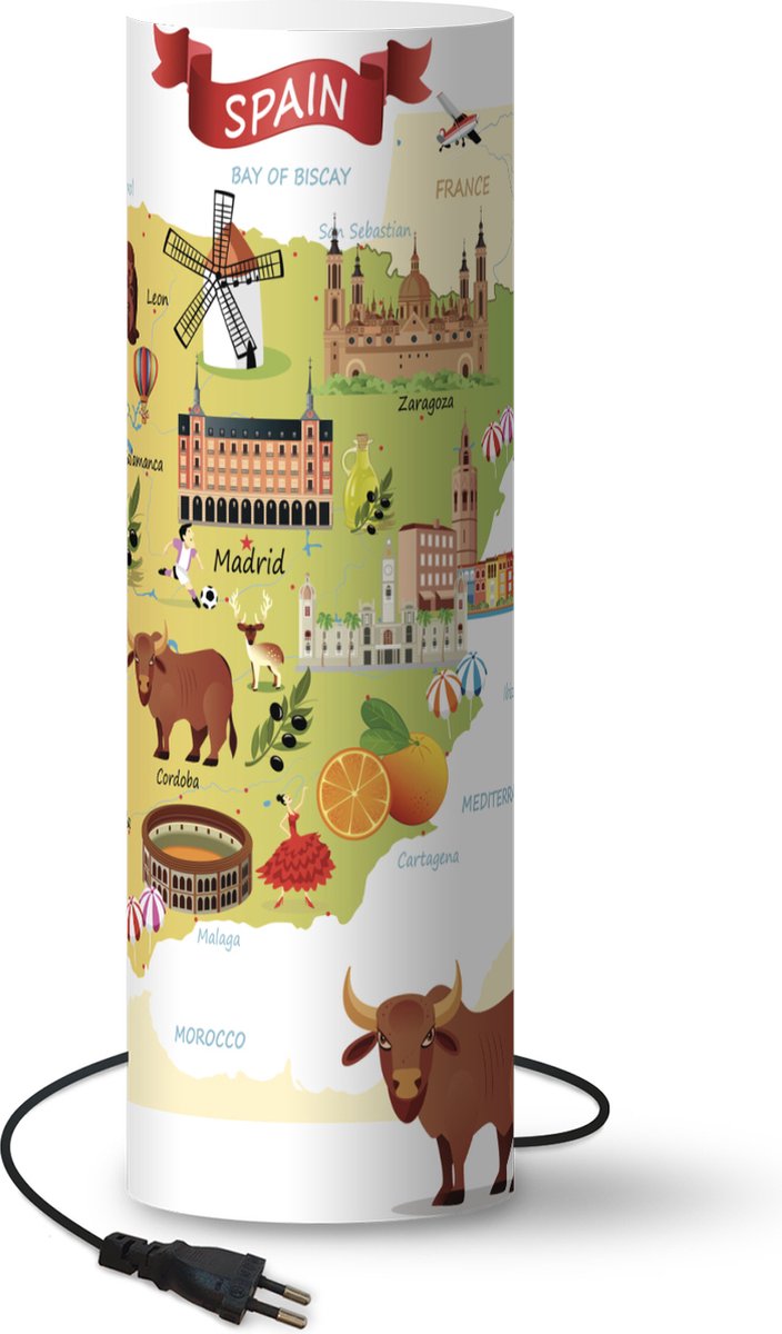 Lamp - Nachtlampje - Tafellamp slaapkamer - Illustraties op de kaart van Spanje - 60 cm hoog - Ø19.1 cm - Inclusief LED lamp