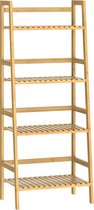 Een hoge, smalle staande bamboe stellingkast met vijf legplanken.