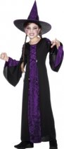 Halloween Heksen kinder kostuum zwart/paars 128-140 (7-9 jaar)