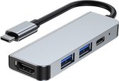 Case2go - USB Hub - 4 in 1 - Type C naar HDMI - Grijs