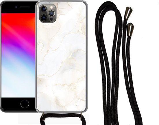 Cordon téléphonique - Chaîne téléphonique - Coque avec cordon iPhone 13 Pro Max - Marbre - Wit - Jaune - Siliconen - Bandoulière - Coque pour téléphone avec cordon