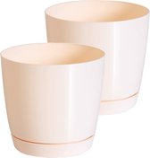 Set van 2x stuks plantenpotten/bloempotten kunststof rond glanzend creme/beige dia 28 x hoogte 26 cm voor binnen/buiten