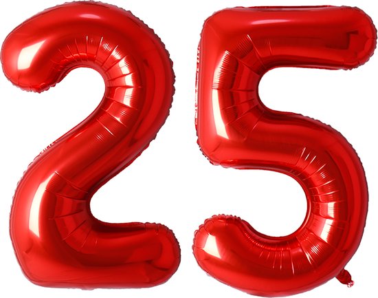 Ballon Cijfer 25 Jaar Rood Folie Ballon Verjaardag Versiering Cijfer ballonnen Feest versiering Met Rietje - 36Cm