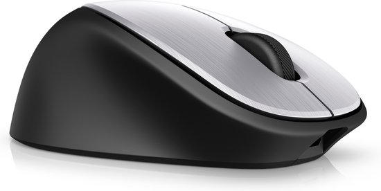 Zijkant van een zilverkleurige HP muis met geborsteld metaal en zwarte basis.