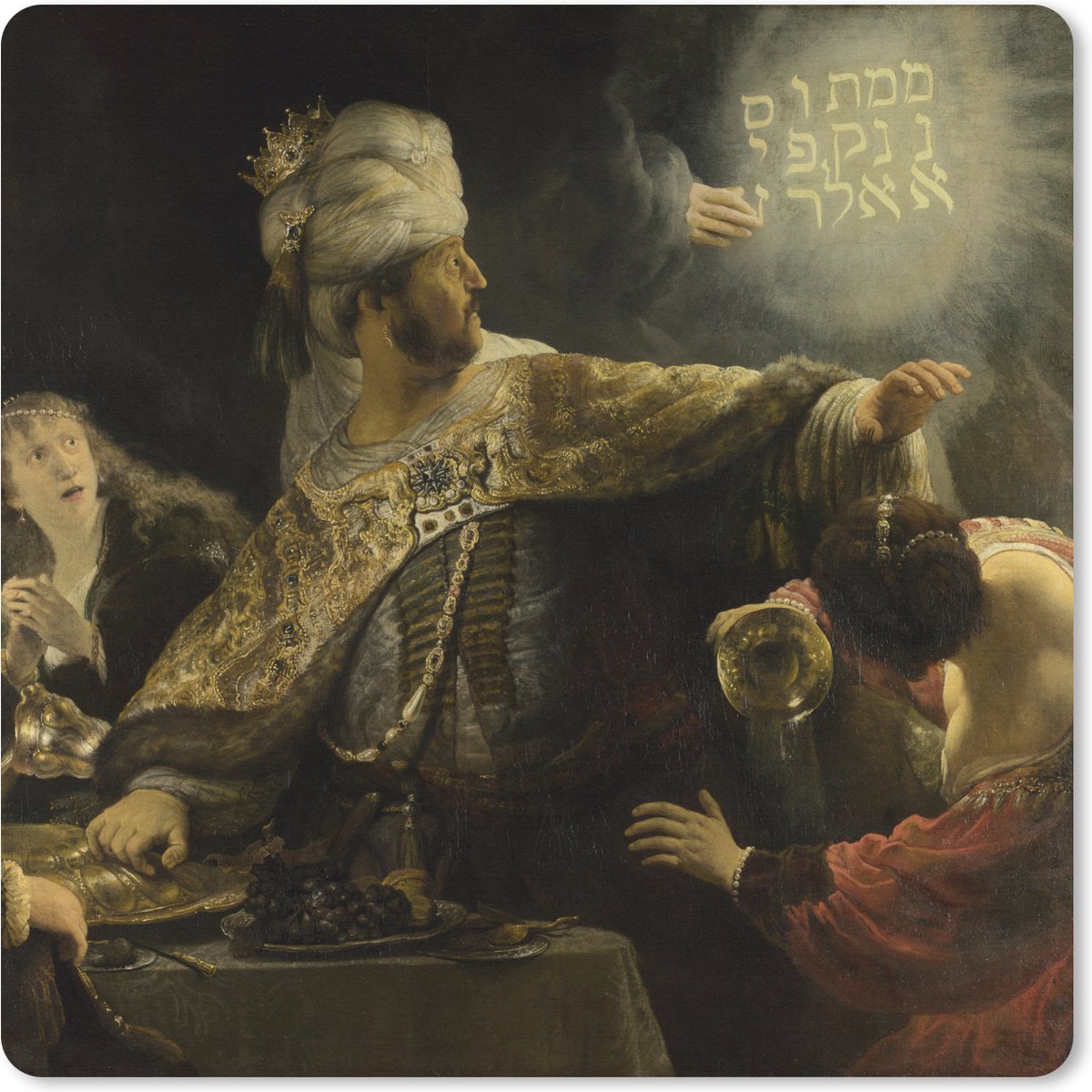 Muismat XXL 60x60 cm - Bureau onderlegger - Bureau mat Het feestmaal van Belsazar - Schilderij van Rembrandt van Rijn - Bureaumat - Gaming mousepad xl - Bureaulegger groot - Computer deskmat