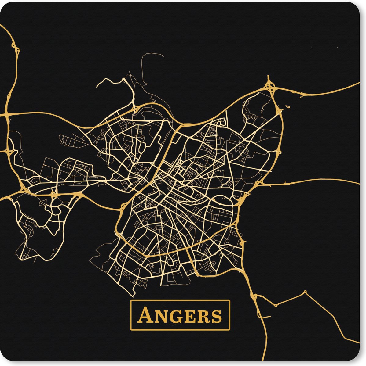 Muismat XXL 60x60 cm - Bureau onderlegger - Bureau mat Kaart - Angers - Goud - Zwart - Bureaumat - Gaming mousepad xl - Bureaulegger groot - Computer deskmat