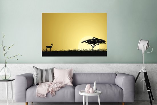 Illustration d'un coucher de soleil avec un poster safari africain 120x80 cm - Tirage photo sur Poster (décoration murale salon / chambre)