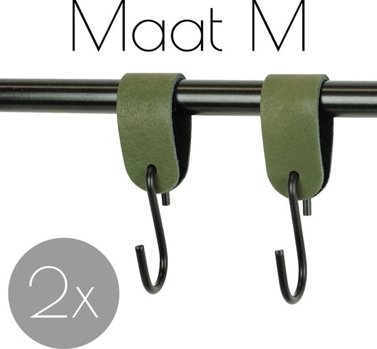 2x Leren S-haak hangers - Handles and more® | KAKI - maat M  (Leren S-haken - S haken - handdoekkaakje - kapstokhaak - ophanghaken)