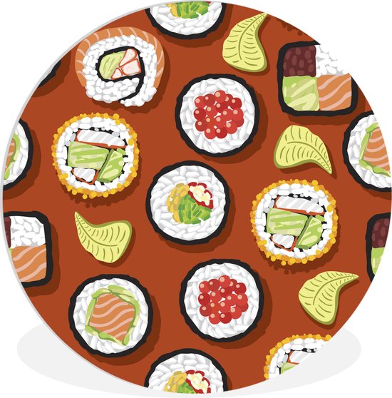 Wall Circle - Wall Circle Inside - Illustration Sushi sur Fond Marron - ⌀ 90 cm - Décoration murale - Peintures Ronds