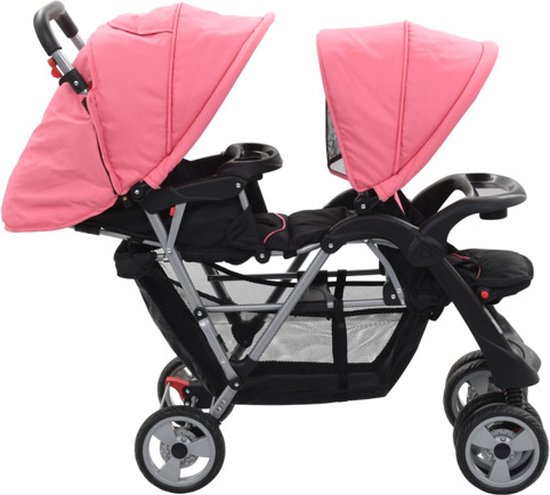 vidaXL - Kinderwagen - dubbel - staal - roze - en - zwart van Vidaxl — afbeelding 4