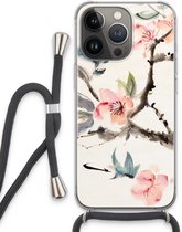 Case Company® - Hoesje met koord geschikt voor iPhone 13 Pro hoesje met Koord - Japanse bloemen - Telefoonhoesje met Zwart Koord - Extra Bescherming aan alle Kanten en Over de Schermrand