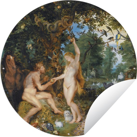 Tuincirkel Het aardse paradijs met de zondeval van Adam en Eva - Schilderij van Peter Paul Rubens - 90x90 cm - Ronde Tuinposter - Buiten
