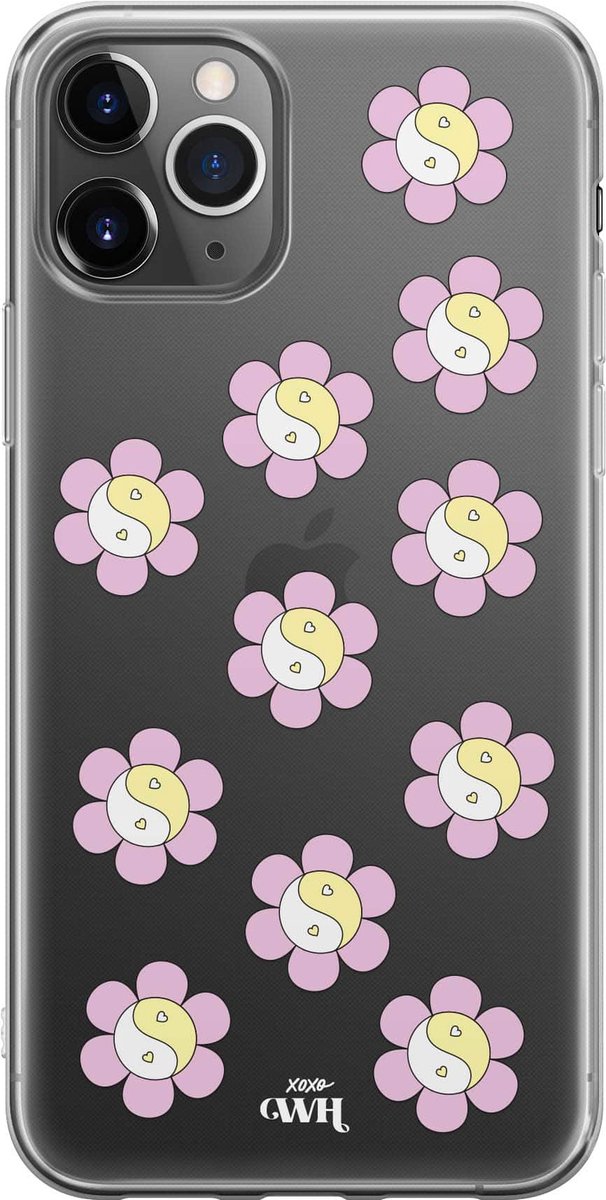 YinYang Flowers Pink - Transparant hoesje geschikt voor iPhone 12 Pro hoesje transparant - Shockproof case met emoji YinYang geschikt voor Apple iPhone 12 Pro - Doorzichtig hoesje met opdruk YinYang