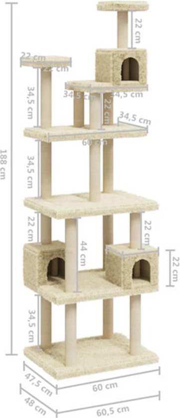 VDXL Kattenmeubel met sisal krabpalen 188 cm crèmekleurig
