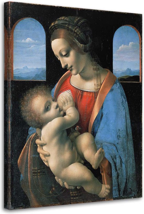 Trend24 - Canvas Schilderij - Madonna Litta - Da Vinci Reproduction - Schilderijen - Reproducties - 70x100x2 cm - Blauw