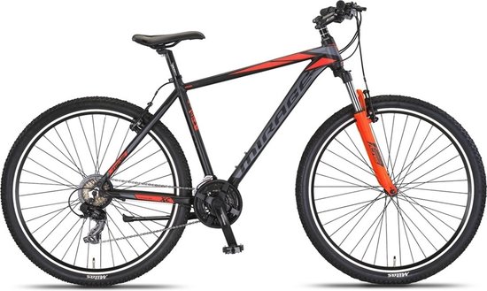 Zwarte Umit Mirage mountainbike met oranje voorvork en rode accenten op het frame.