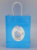 Baby - Giftbag - 12 stuks – 15*8*21 – Baby Boy – Kinderwagen -  Effen - Hemelblauw – papieren tasje met gedraaide Handvat – Cadeau – Shower - Geboorte.