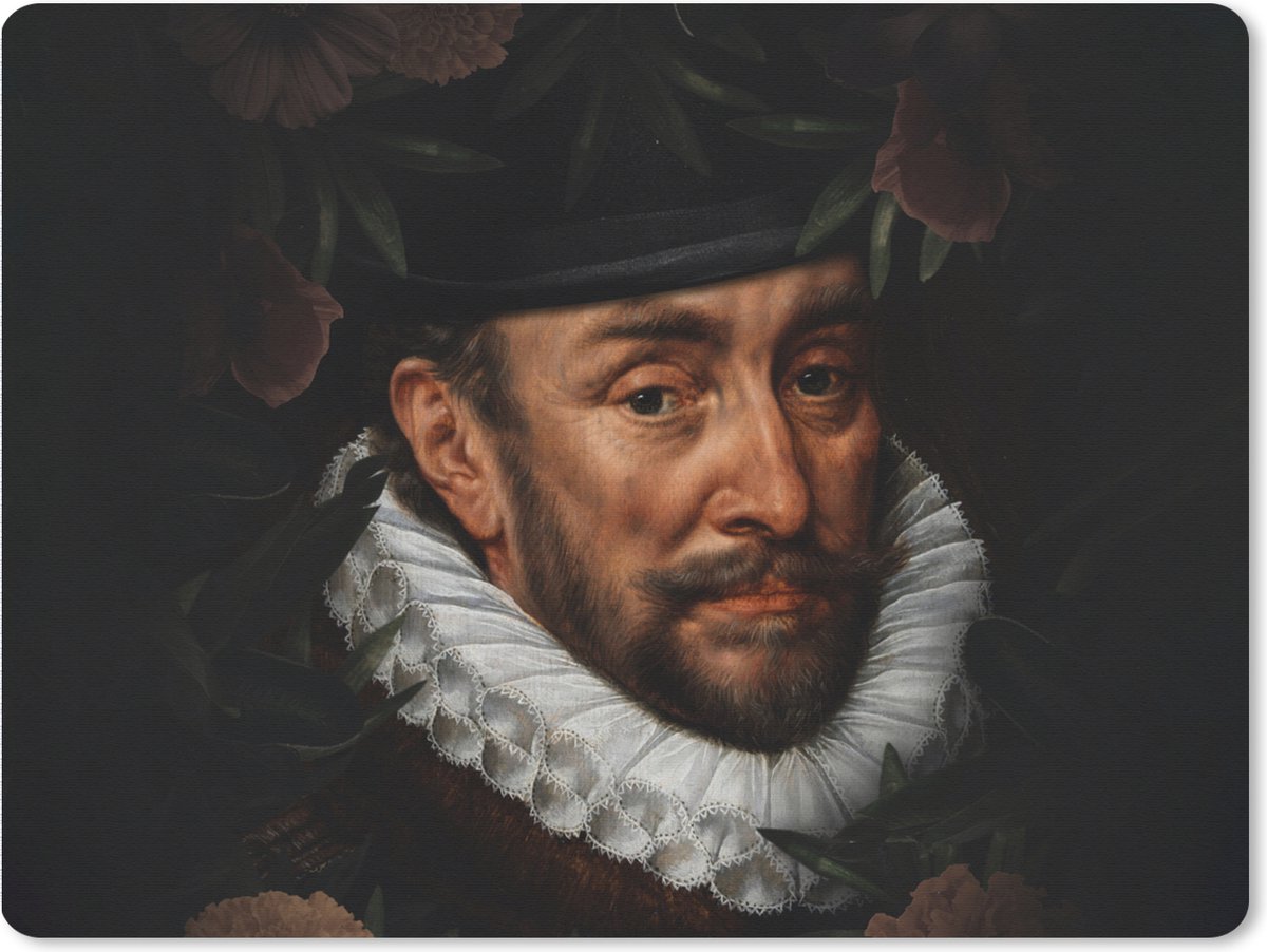 Muismat XXL 80x60 cm - Bureau onderlegger - Bureau mat Willem van Oranje - Adriaen Thomasz - Bloemen - Bureaumat - Gaming mousepad xl - Bureaulegger groot - Computer deskmat